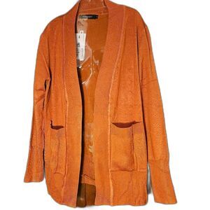 MEROKEETY Women's Small Orange Open Front Pocketed Ribbed Cardigan Sweater NEW